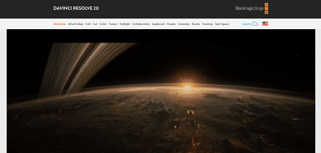 Screenshot of DaVinci Resolve 20 website showcasing video editing features.