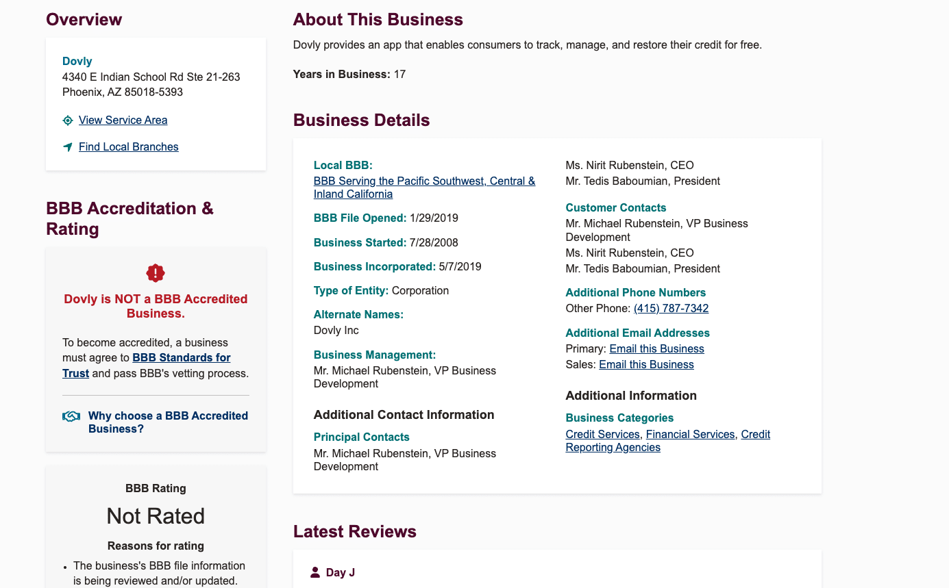 Dovly Better Business Bureau profile showing Not Accredited and business detai