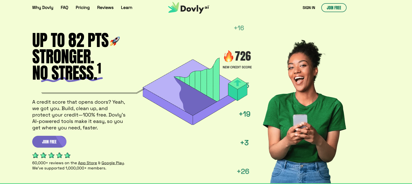 Dovly website homepage showing credit score improvement of up to 82 points and a smiling woman holding phone