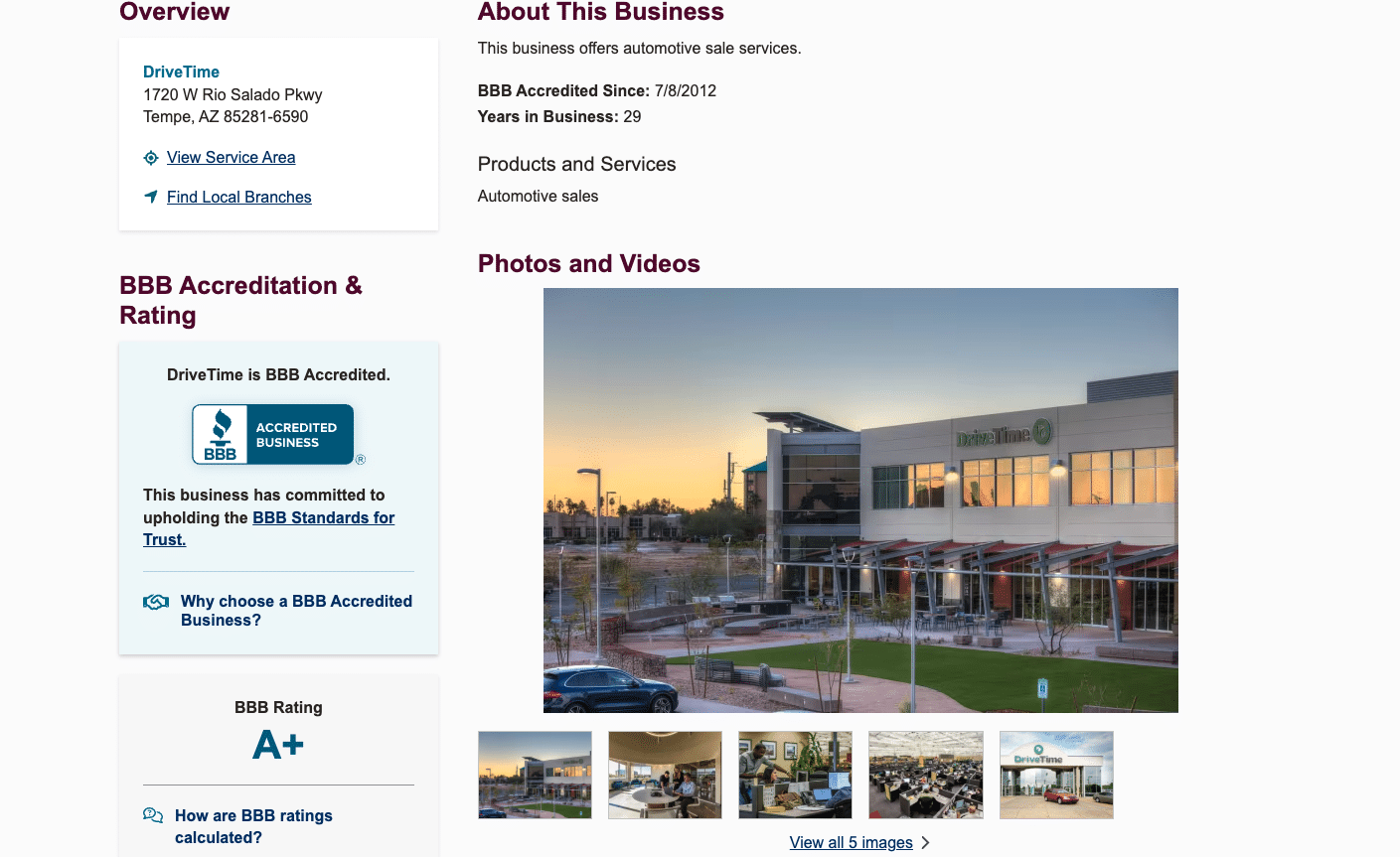 DriveTime Better Business Bureau profile showing A+ rating and company headquarters in Tempe, Arizona.