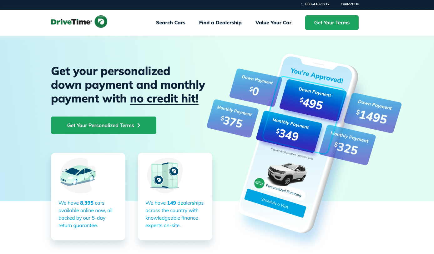 DriveTime website showing personalized financing options with down payment and monthly payment examples.