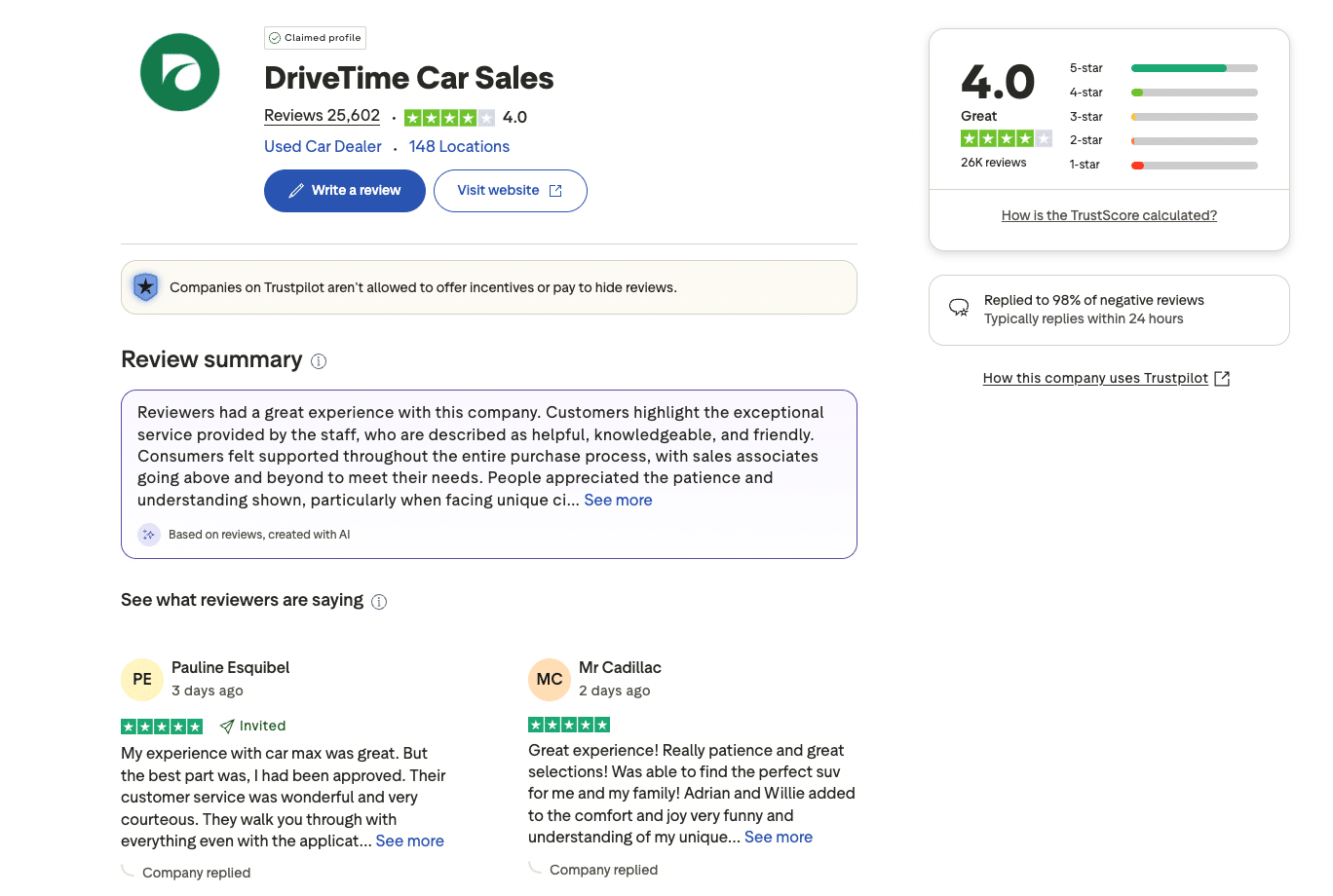 Trustpilot reviews page for DriveTime Car Sales showing 4.0 rating from over 25,000 reviews.