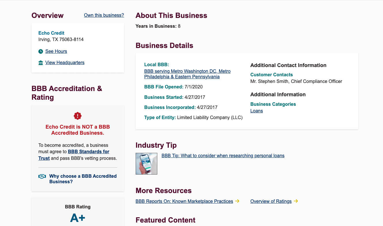 Screenshot of Echo Credit’s Better Business Bureau profile showing business details, A+ rating, and note that the company is not BBB accredited.