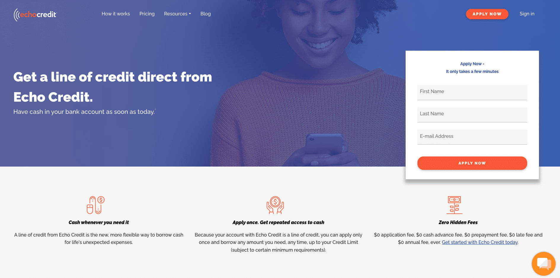 Screenshot of Echo Credit’s homepage showing a line of credit offer, application form with name and email fields, and tagline “Get a line of credit direct from Echo Credit.”