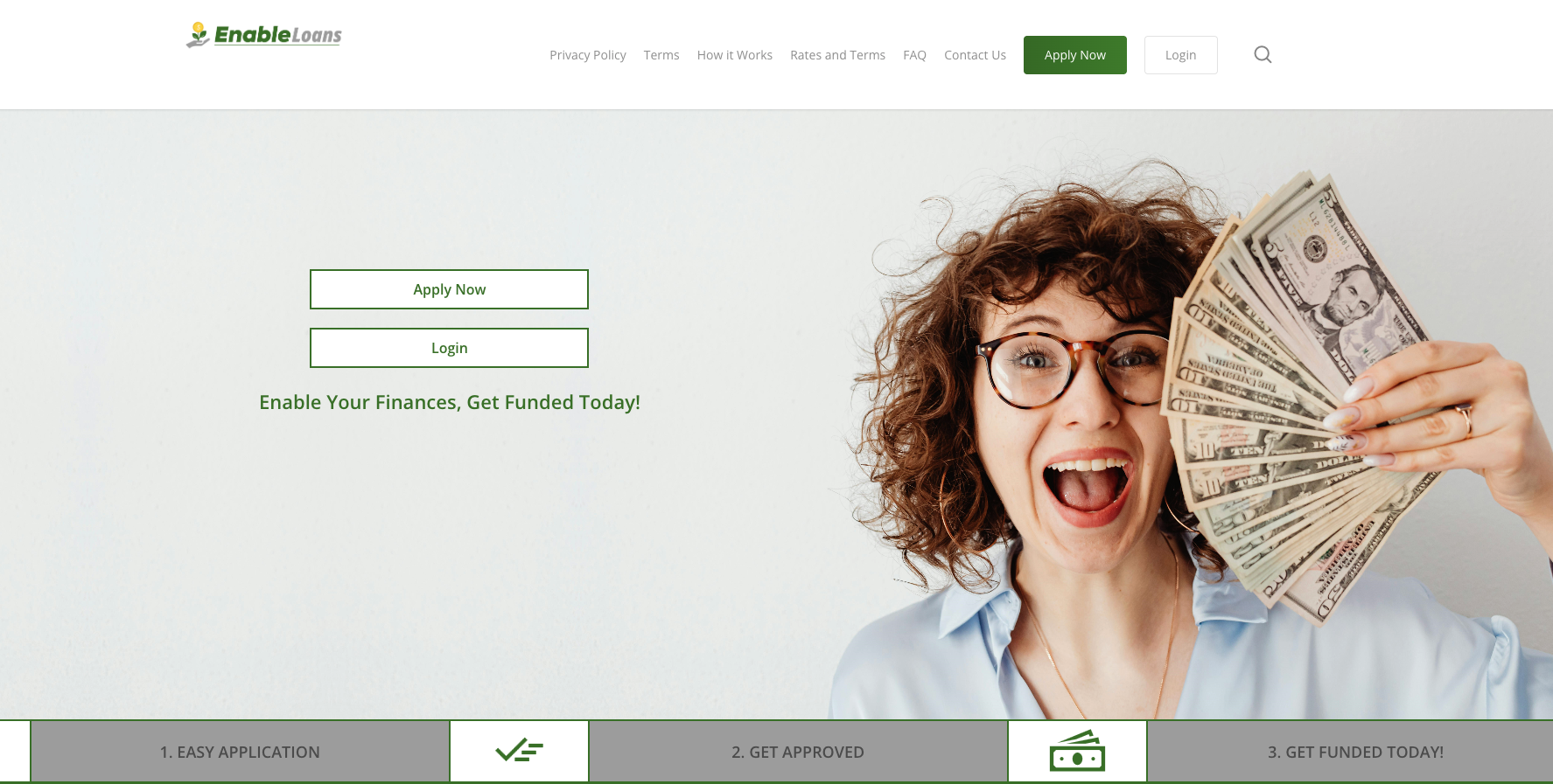 Enable Loans homepage with a smiling woman holding cash and buttons to apply or log in.
