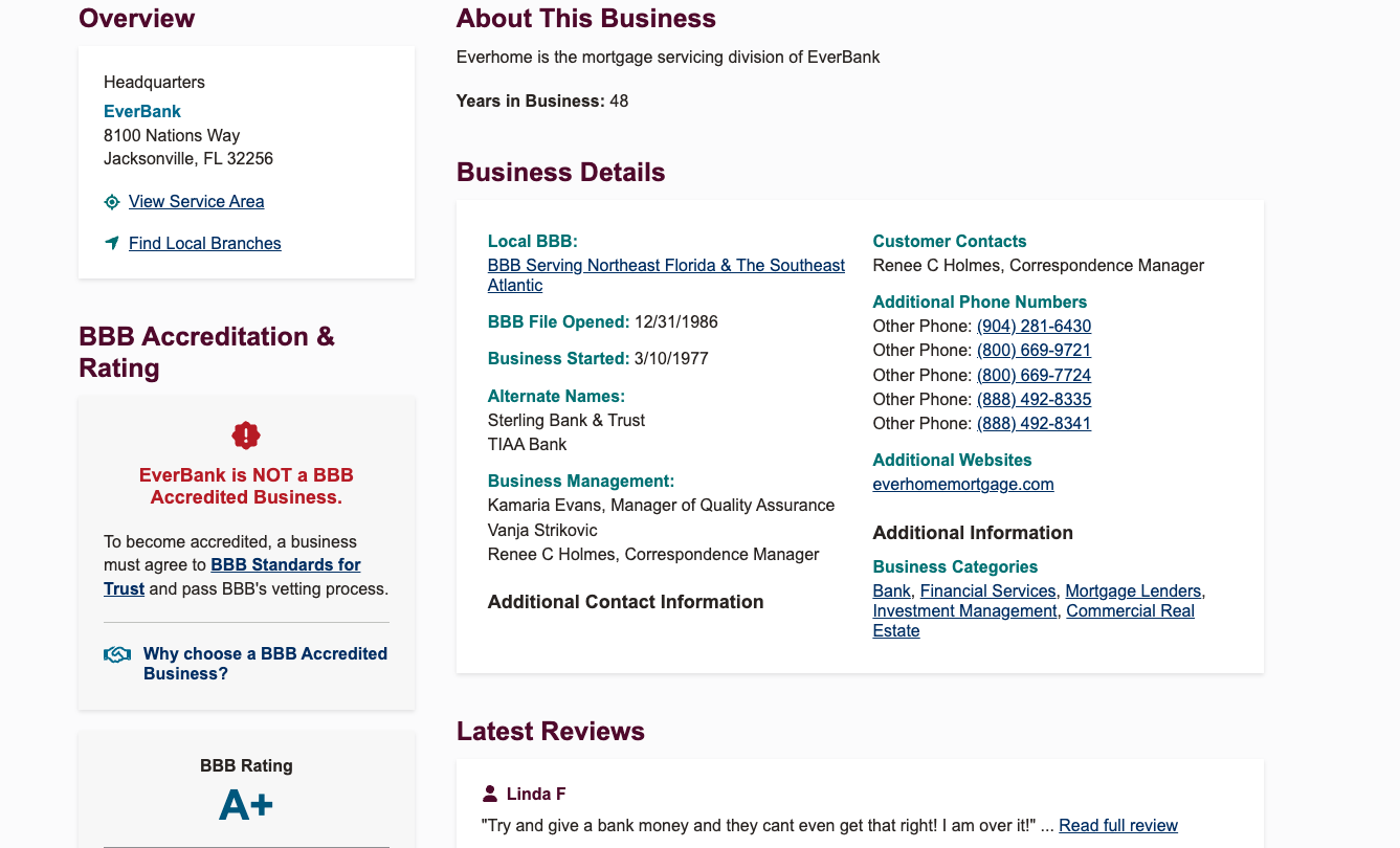 EverBank Better Business Bureau profile showing A+ rating but not accredited