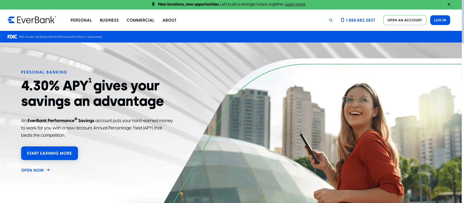 EverBank homepage promoting 4.30% APY Performance Savings account