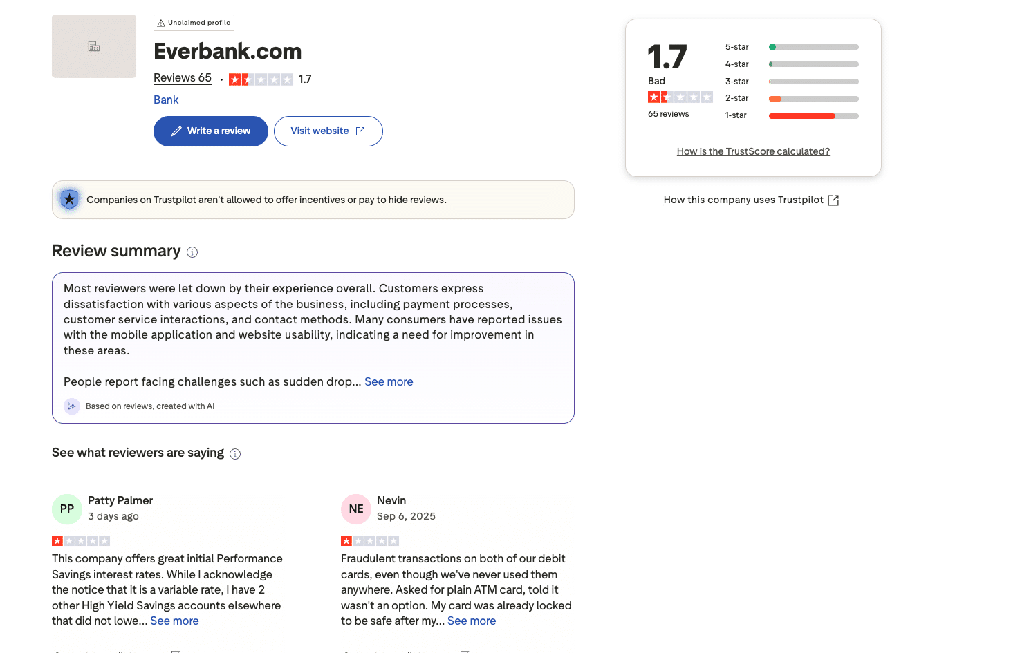 EverBank Trustpilot reviews with 1.7 out of 5 rating based on 65 customer reviews