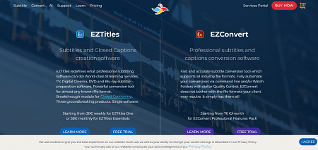 Screenshot of EZTitles and EZConvert website for subtitles and captions software.
