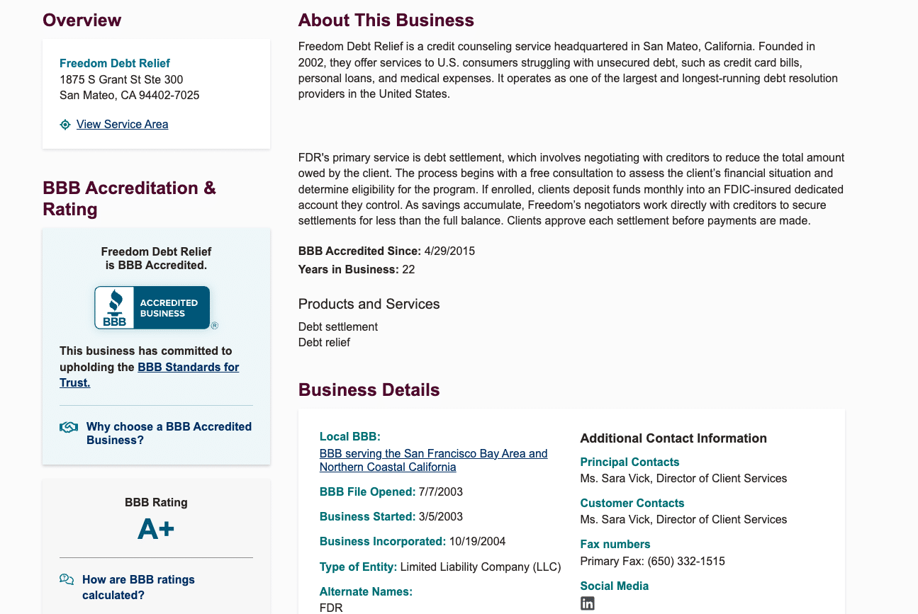 Freedom Debt Relief BBB accreditation profile showing A+ rating and business details