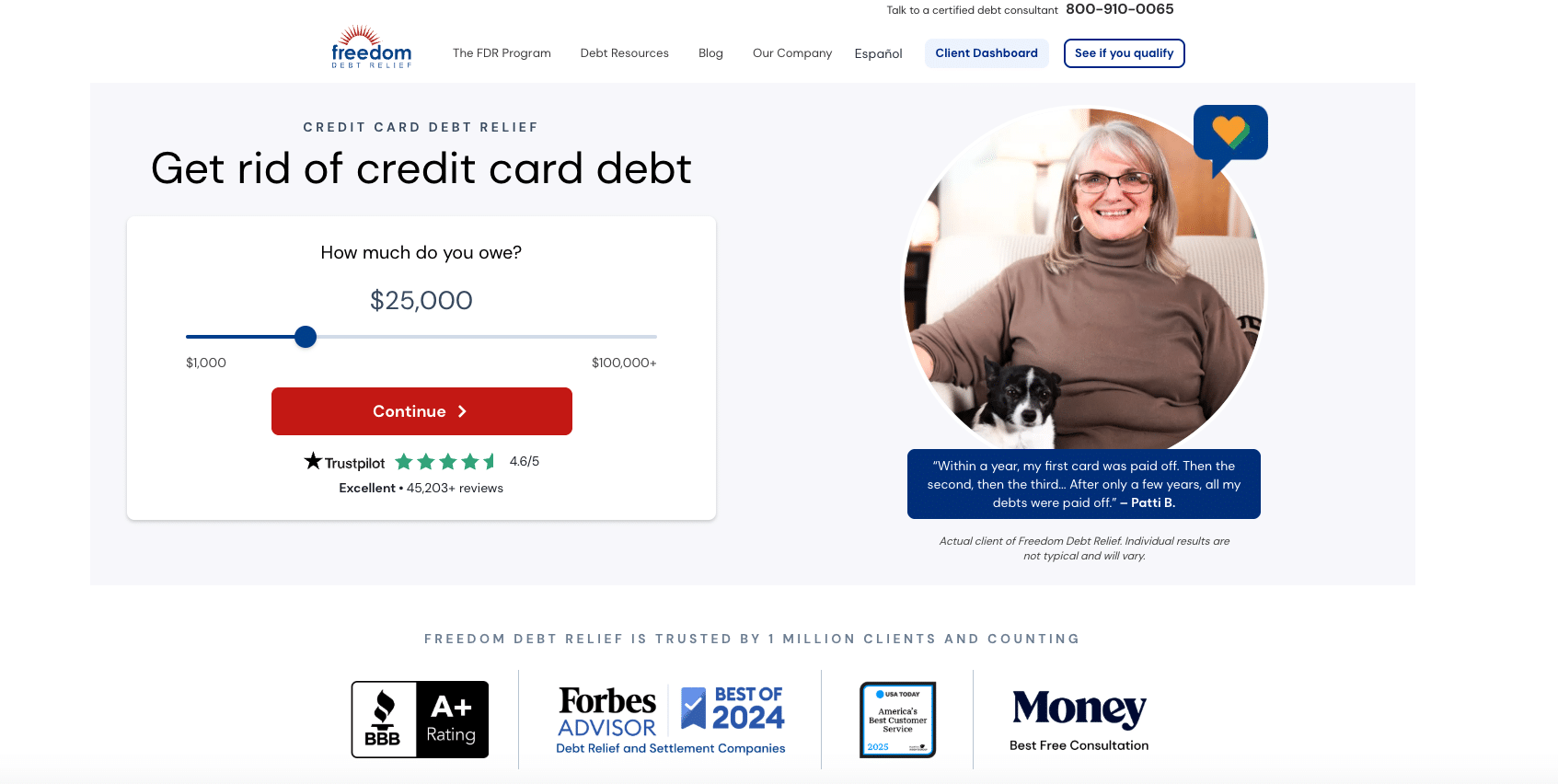 Freedom Debt Relief homepage showing credit card debt relief calculator and client testimonial