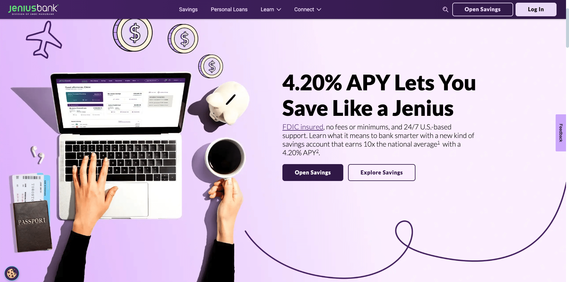 Jenius Bank homepage advertising a 4.20% APY high-yield savings account with no fees or minimums.