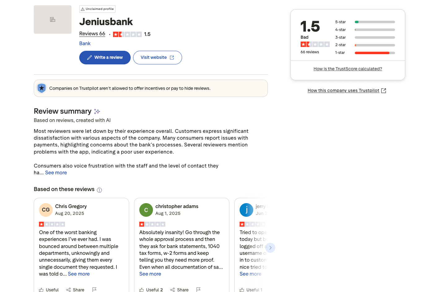 Trustpilot reviews of Jenius Bank showing a 1.5 out of 5 rating based on 66 reviews, with complaints about account access and customer service.