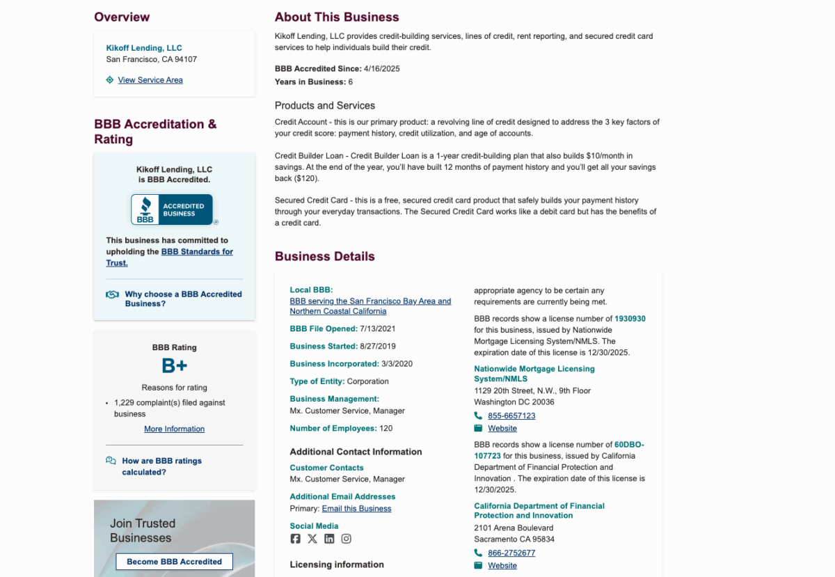 Kikoff BBB page showing business details, accreditation, and B+ rating