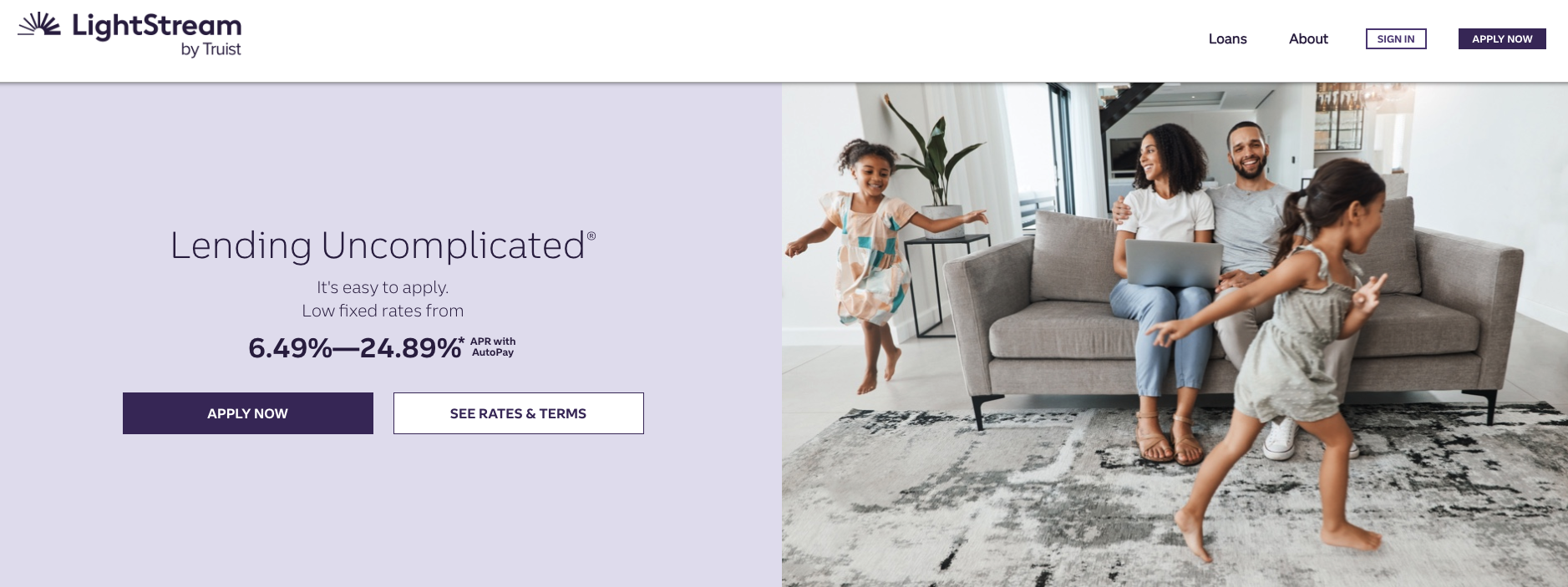 LightStream homepage showing lending rates from 6.49% to 24.89% APR with autopay, featuring a family in a living room.
