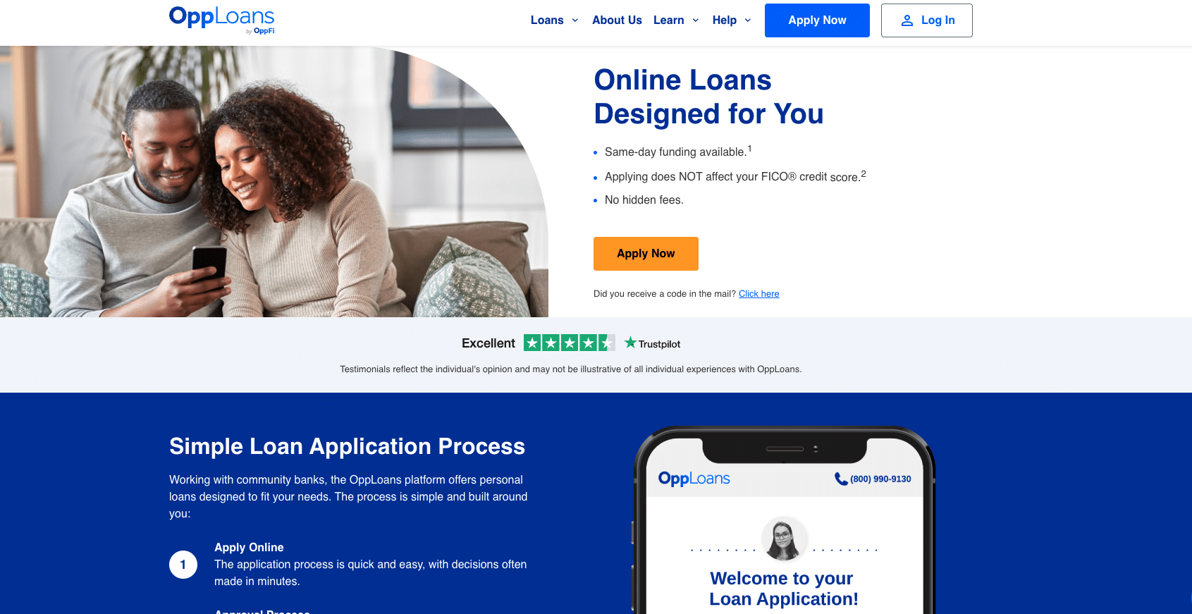 Screenshot of the OppLoans website homepage promoting online loans, same-day funding, no hidden fees, and simple application process.