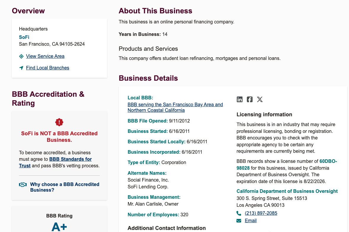 SoFi Better Business Bureau profile showing A+ rating but not BBB accredited.