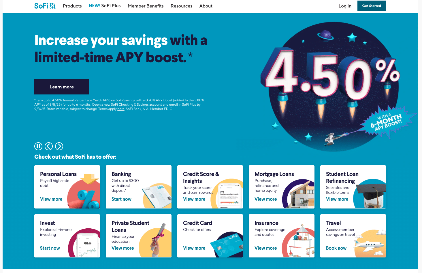 SoFi website homepage promoting 4.50% APY savings boost with financial product options.