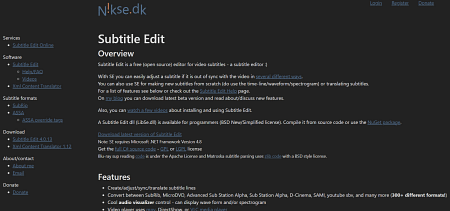 Screenshot of Subtitle Edit website highlighting open-source subtitle editing tool.