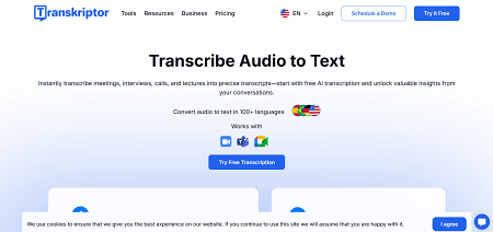 Screenshot of Transkriptor website for AI-powered audio transcription.
