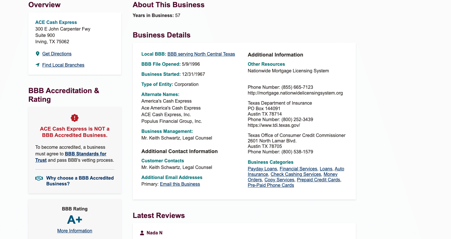Screenshot of Ace Cash Express Better Business Bureau profile showing A+ rating but not BBB accredited.
