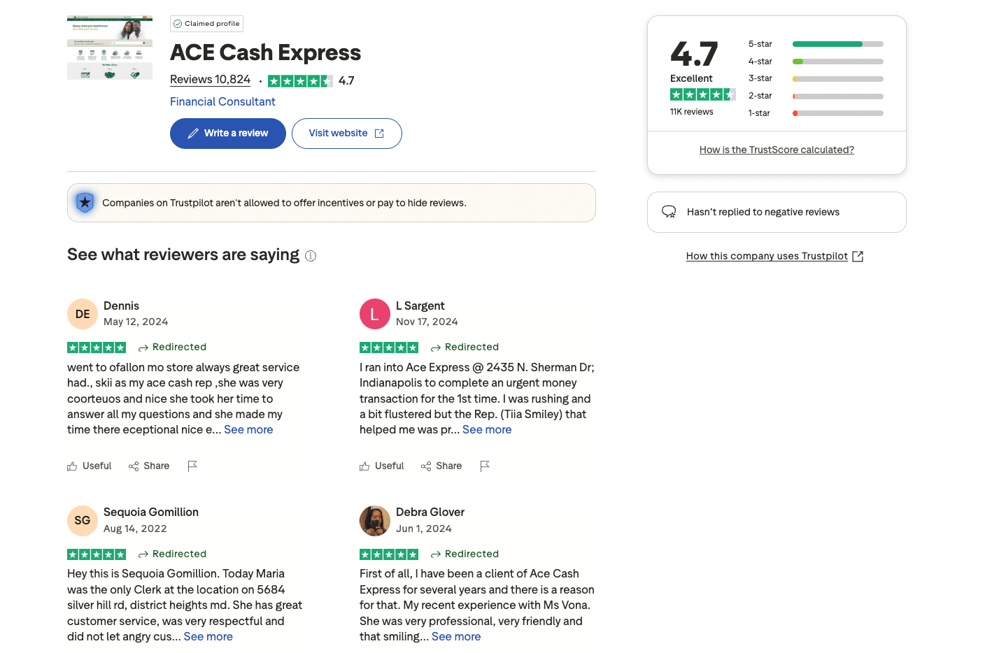 Screenshot of Ace Cash Express Trustpilot profile with 4.7 out of 5 rating from over 10,800 reviews, featuring customer praise for staff service.