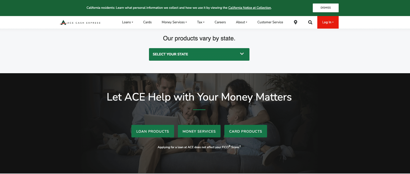 Screenshot of Ace Cash Express official website homepage showing loan products, money services, and card products menu.