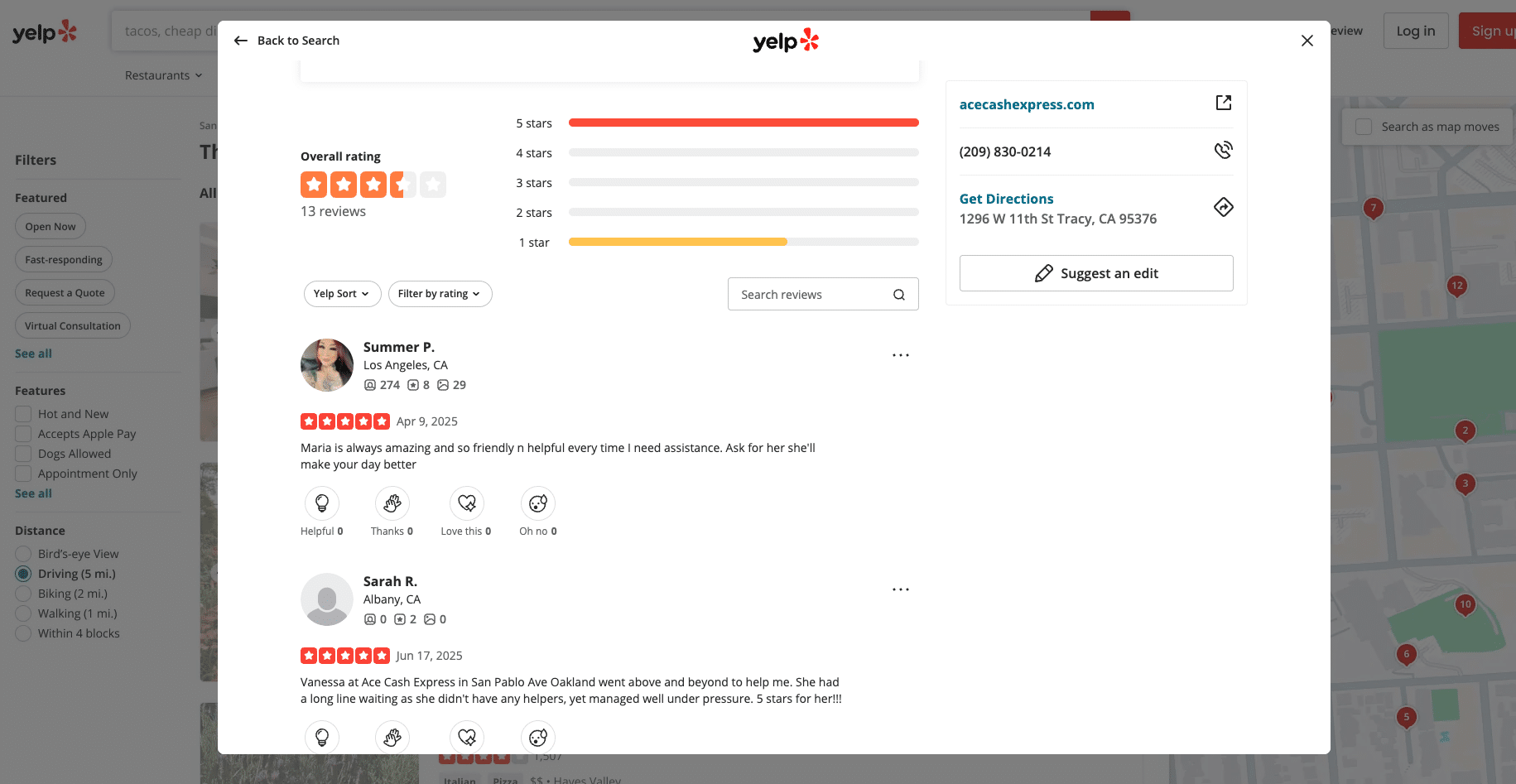Screenshot of Ace Cash Express Yelp page showing 3.5-star rating from 13 reviews, with highlighted customer feedback praising staff members.