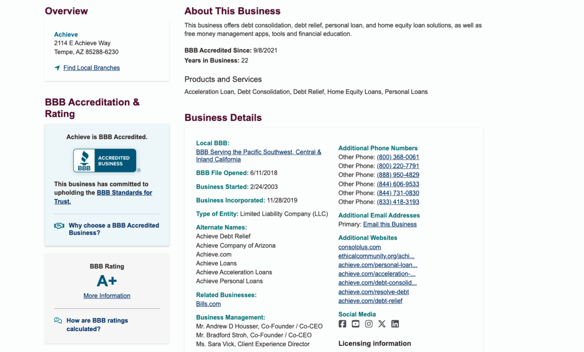 Achieve Better Business Bureau profile showing A+ rating, accreditation details, business information, and contact numbers.