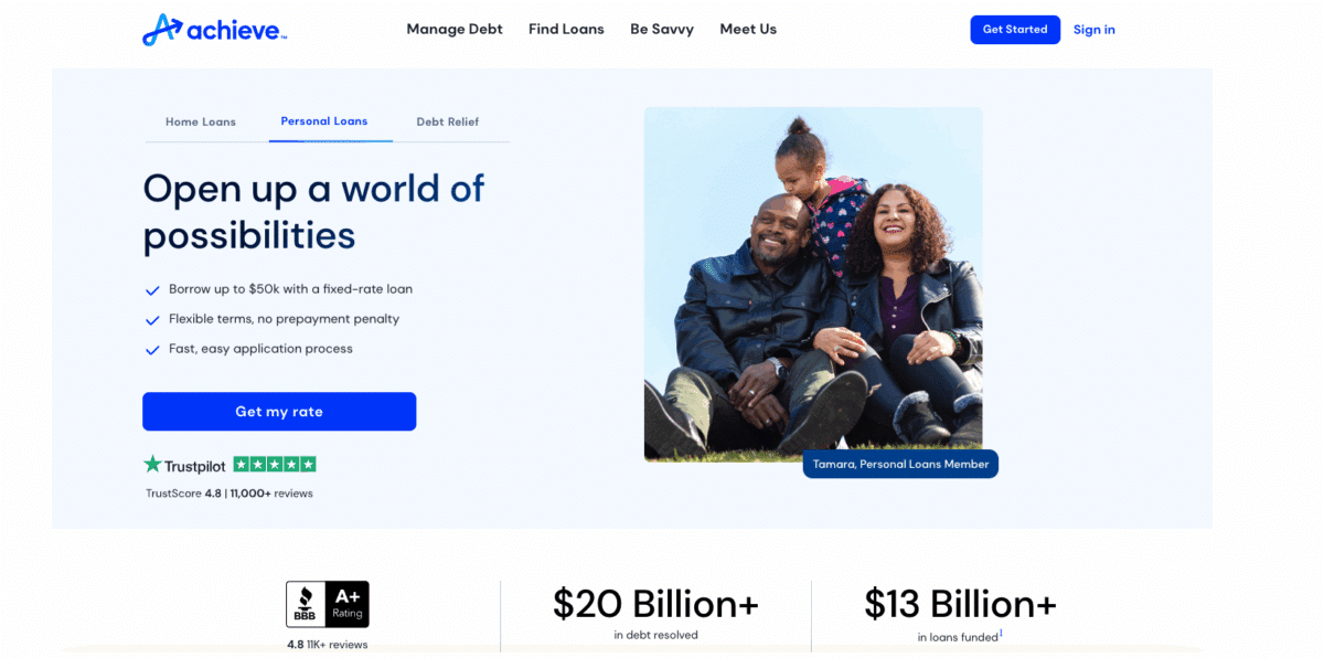 Achieve personal loans homepage displaying features like up to $50k loan offers, flexible terms, and Trustpilot 4.8 rating.