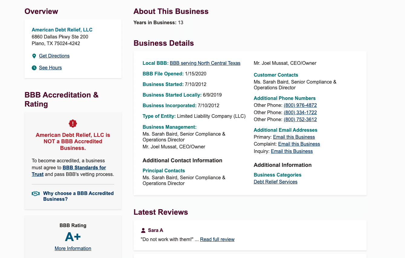 Screenshot of American Debt Relief’s Better Business Bureau profile showing an A+ rating but not BBB accredited.