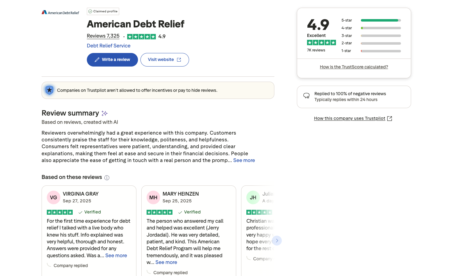 Screenshot of American Debt Relief’s Trustpilot page showing a 4.9-star rating based on over 7,000 reviews.