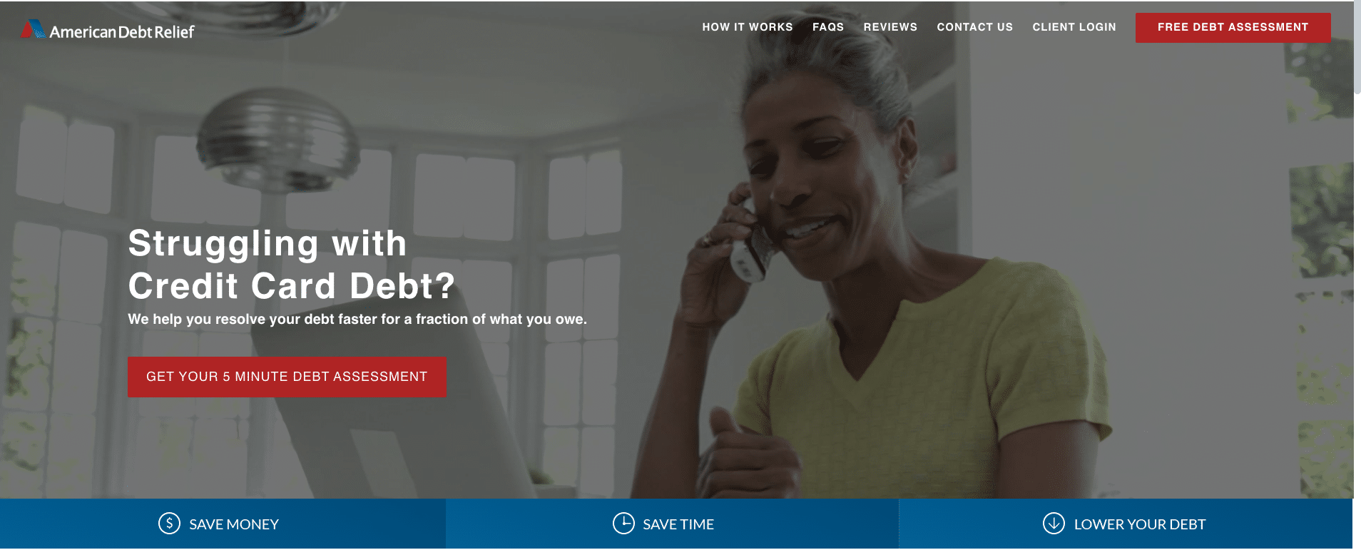 Screenshot of American Debt Relief website homepage with a banner offering free debt assessment for credit card debt relief.