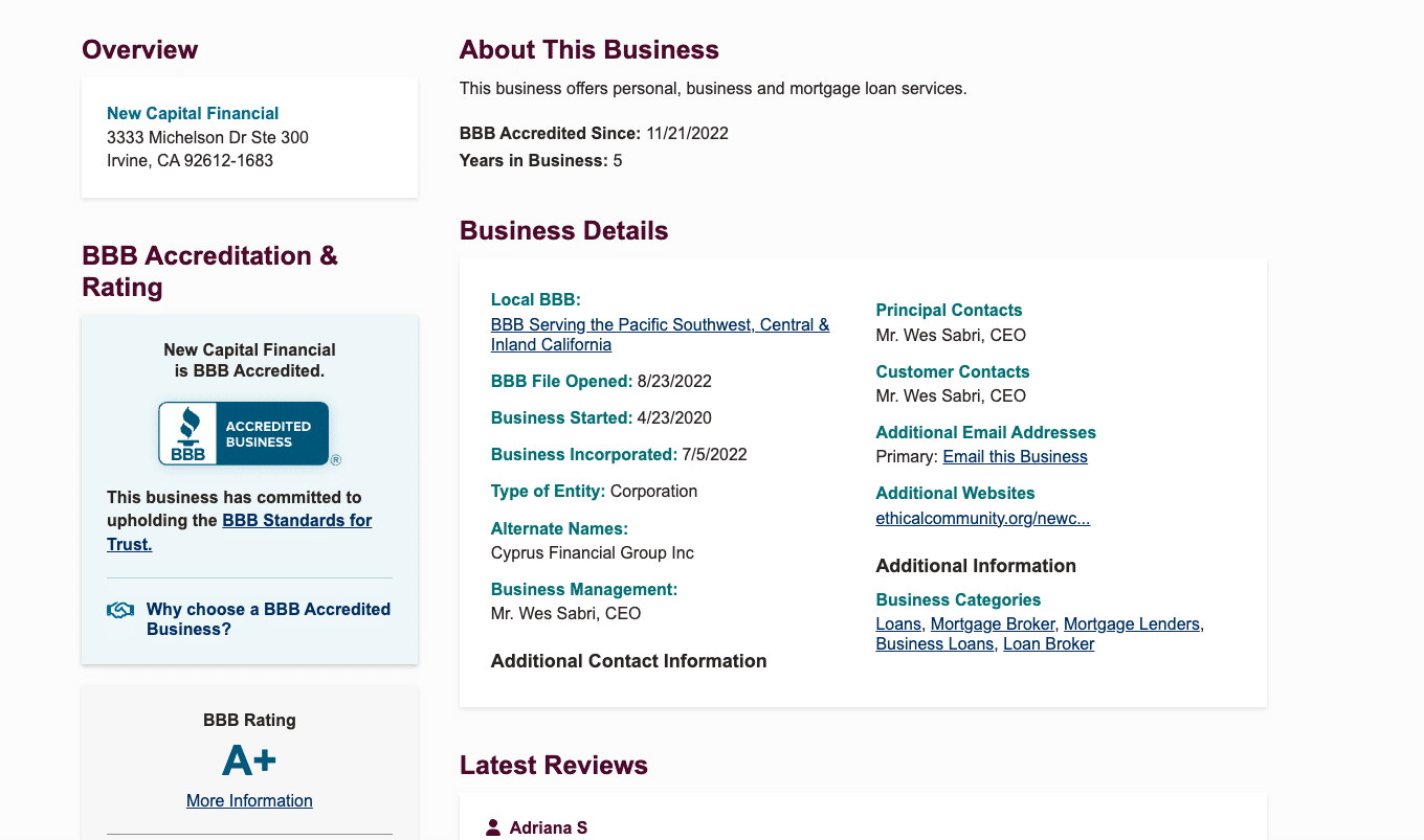 BBB profile for New Capital Financial showing A+ rating, Irvine CA address, and CEO Wes Sabri listed as principal contact.