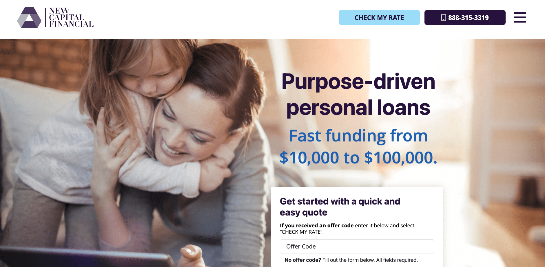 New Capital Financial website homepage promoting purpose-driven personal loans with funding from $10,000 to $100,000.