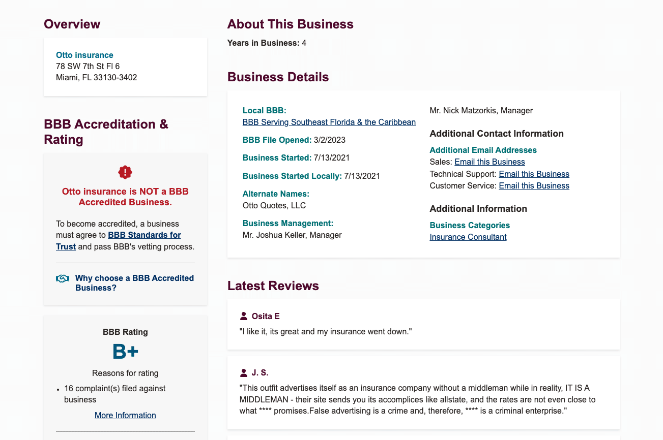 Screenshot of Otto Insurance Better Business Bureau profile showing non-accredited status, B+ rating, and customer complaints.