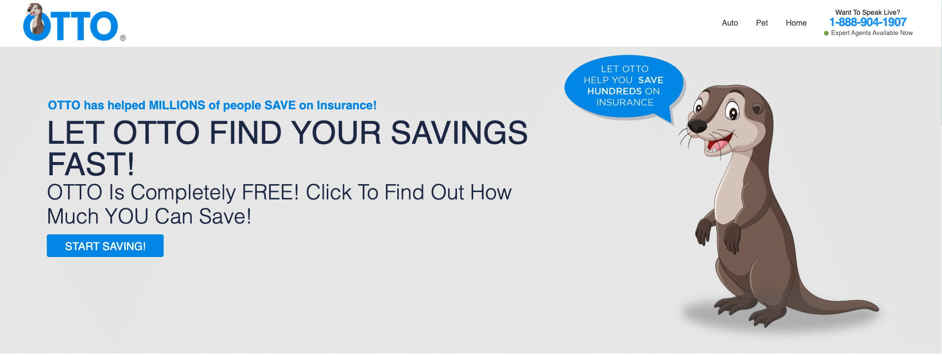 Screenshot of Otto Insurance homepage showing cartoon otter mascot, “Start Saving” button, and claim that Otto has helped millions save on insurance.