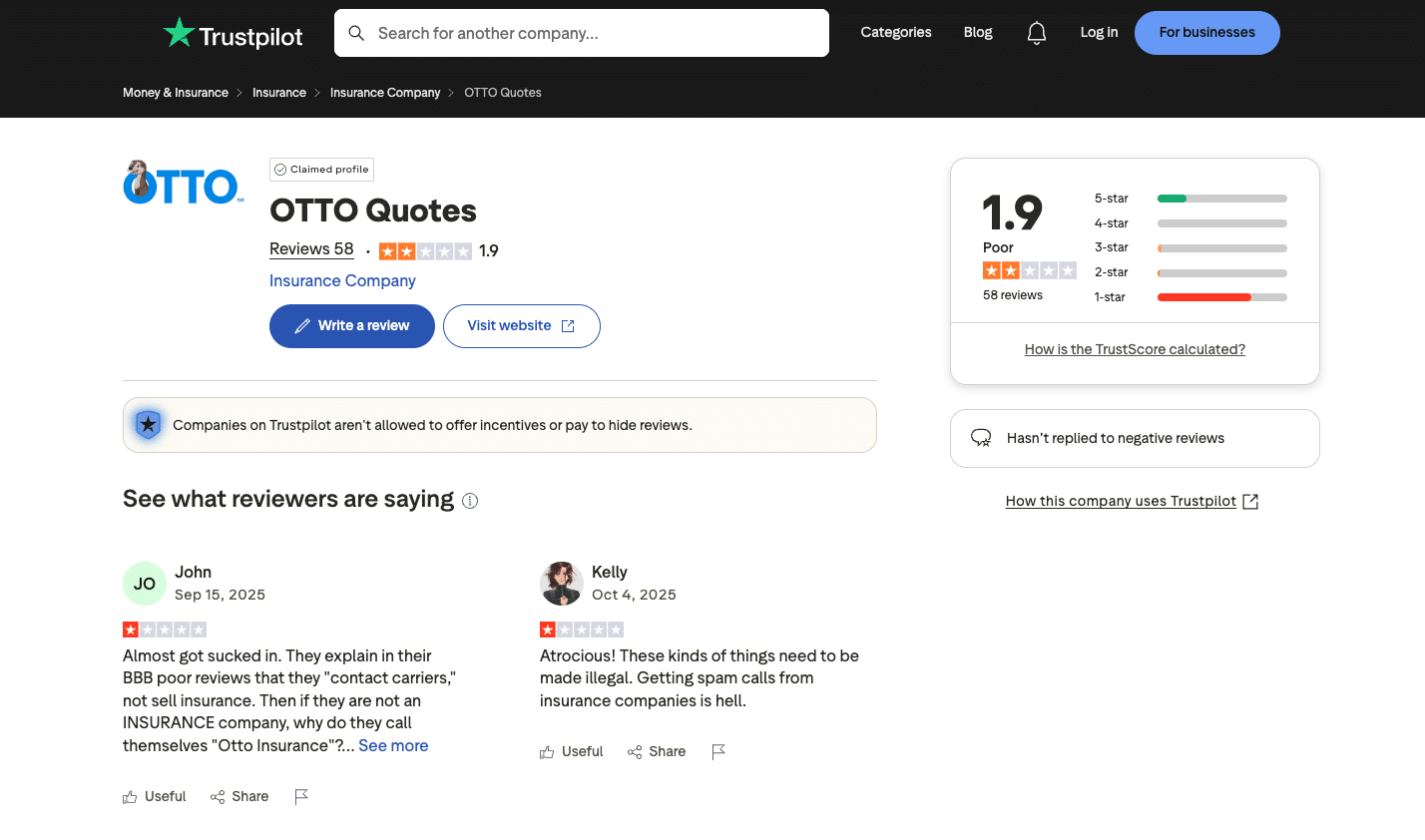 Screenshot of Otto Insurance Trustpilot page showing 1.9 out of 5 rating and negative customer reviews about spam calls and misleading ads.