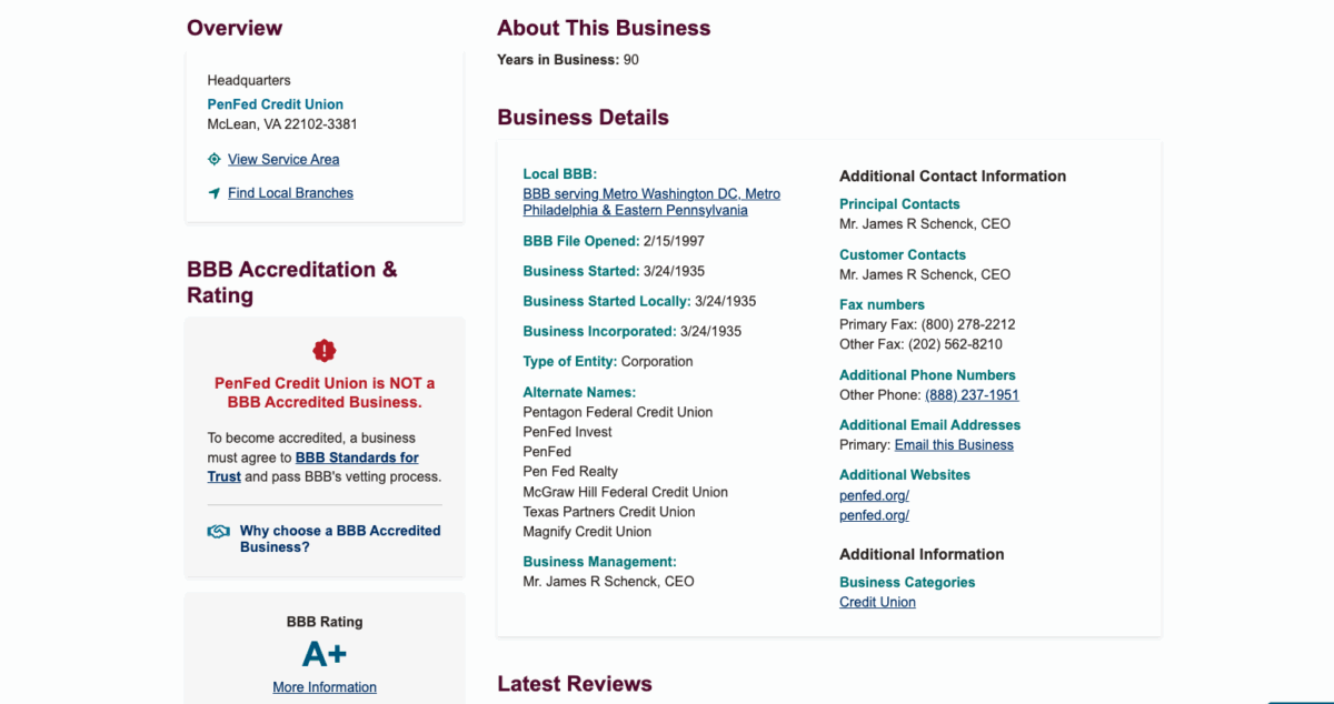Screenshot of PenFed Credit Union’s Better Business Bureau profile showing A+ rating, non-accredited status, and contact details for CEO James R. Schenck.