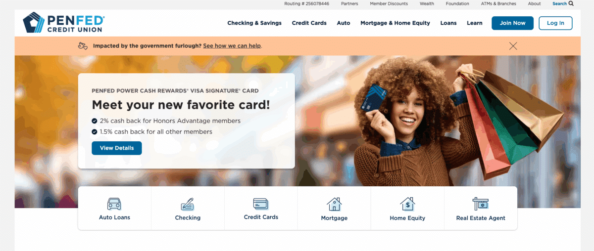Screenshot of PenFed Credit Union homepage featuring banner for Power Cash Rewards Visa card and links to auto loans, checking, credit cards, and mortgages.