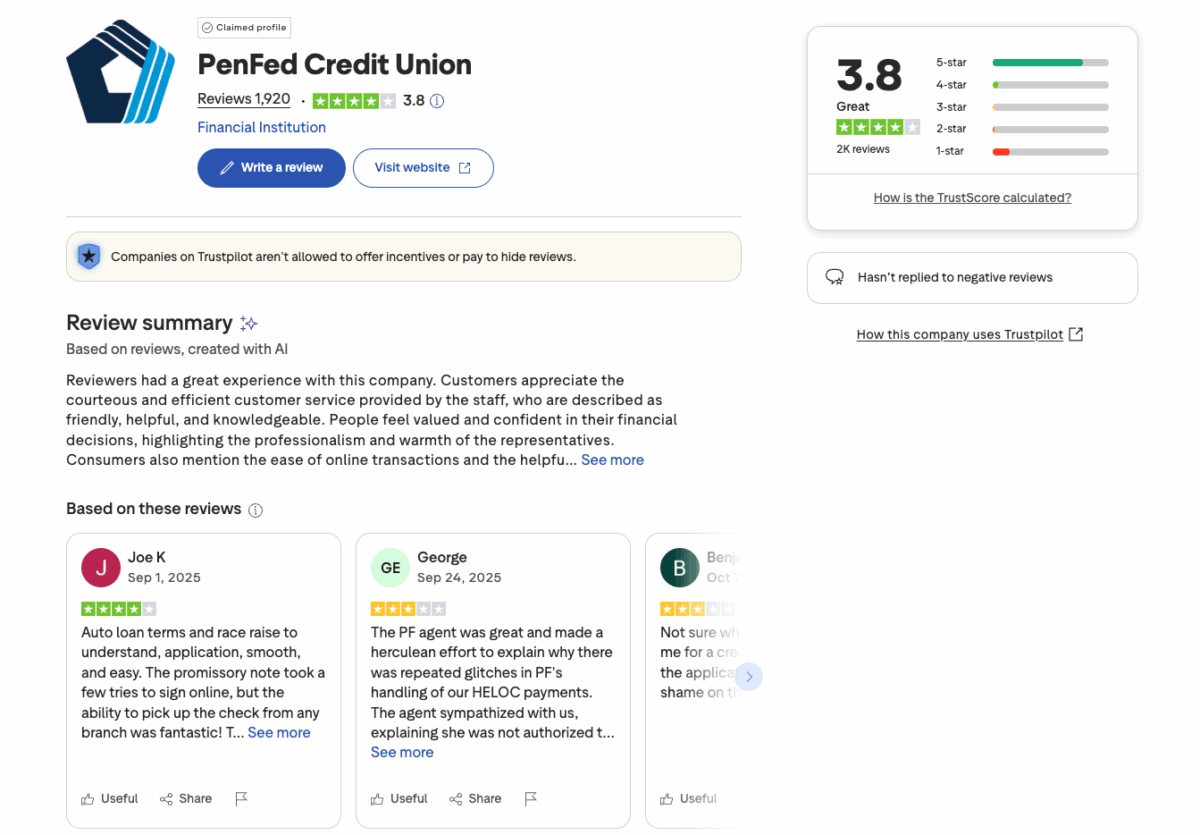 Screenshot of PenFed Credit Union Trustpilot profile showing a 3.8 out of 5 rating with customer reviews highlighting helpful staff and service quality.