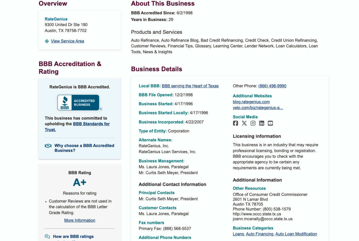 RateGenius Better Business Bureau profile showing A+ rating, accreditation since 1998, and business contact details in Austin, Texas.