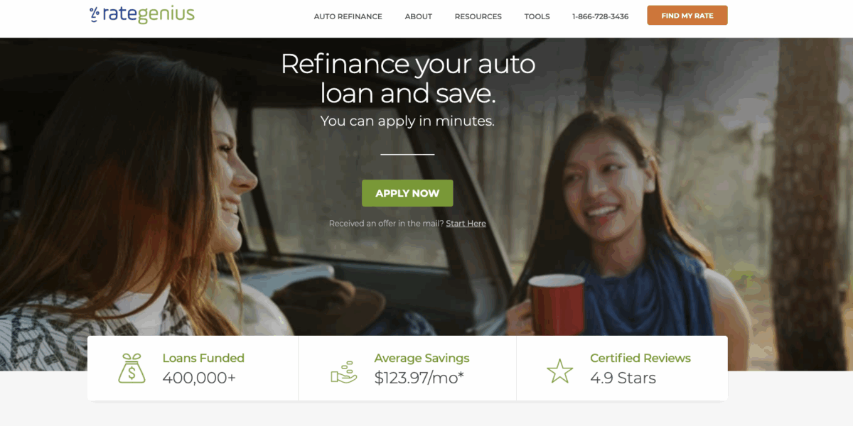 RateGenius homepage promoting auto loan refinancing with apply now button and banner showing $123.97 monthly savings and 400,000+ loans funded.