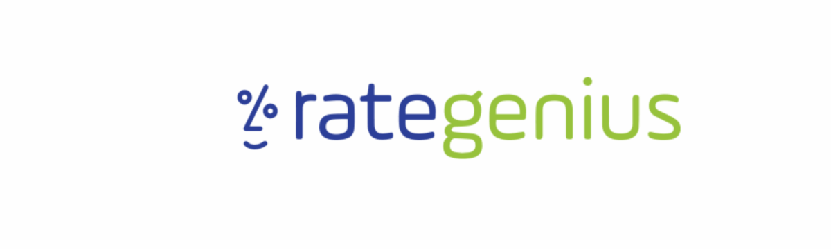 RateGenius company logo showing blue and green wordmark with percent-sign smile icon.