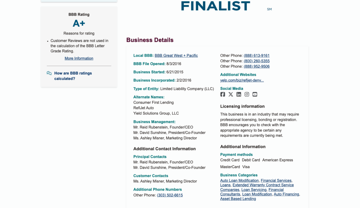 RefiJet Better Business Bureau profile displaying A+ rating, business details, and contact information