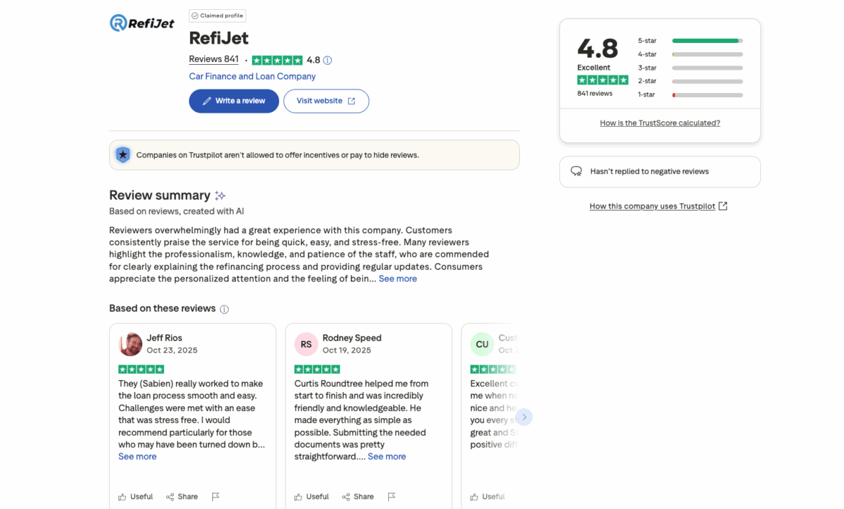 RefiJet Trustpilot review page showing 4.8 out of 5 rating from over 800 customer reviews