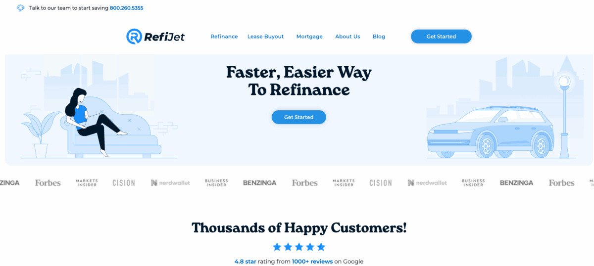RefiJet homepage banner promoting faster, easier auto refinancing with illustrated car and customer