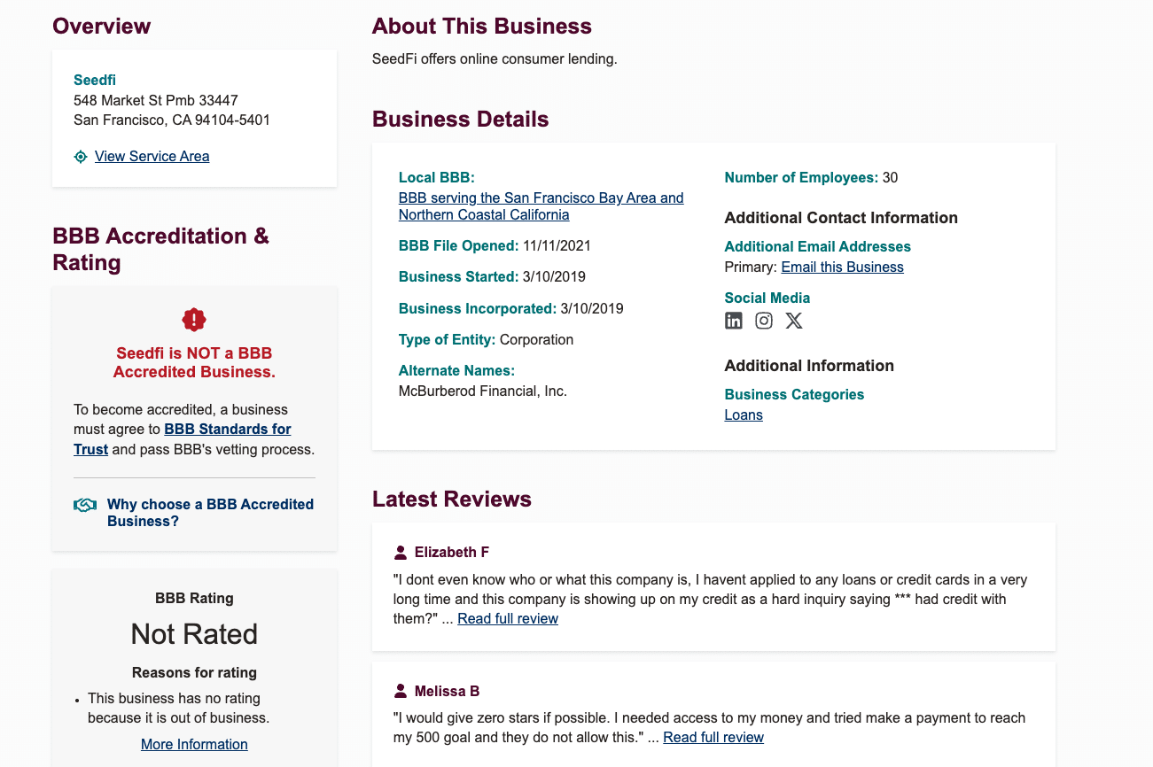 SeedFi Better Business Bureau profile showing company details, lack of accreditation, and customer complaints.