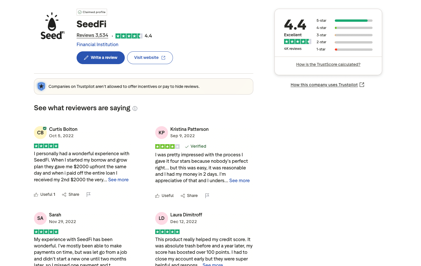 SeedFi Trustpilot reviews page showing 4.4 out of 5 rating from over 3,500 reviews with positive customer feedback.