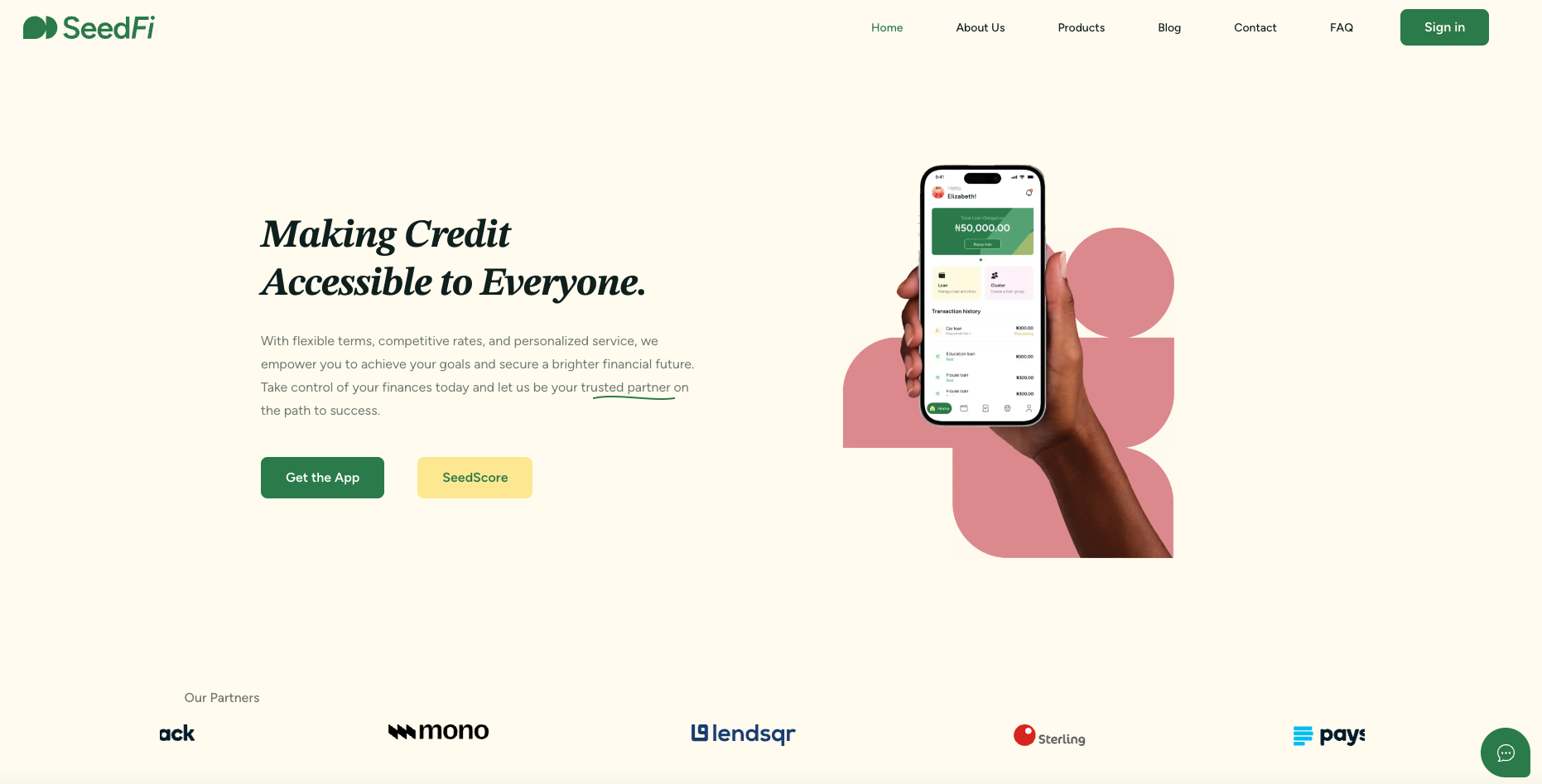 SeedFi official website homepage highlighting mission to make credit accessible to everyone with app download option.